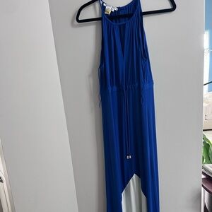 Maggy London Blue Asymmetrical Maxi Dress Halter Neckline, Size 8